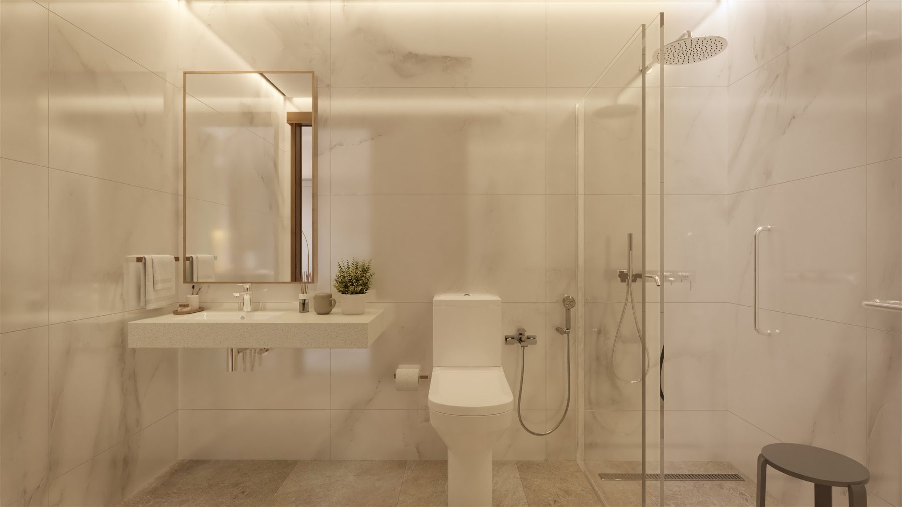 Baño con ducha a nivel y barras de apoyo — Silver Living Villa Morra