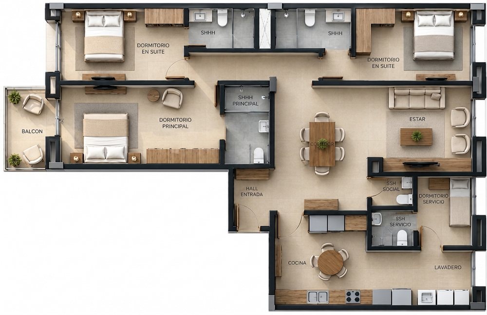 Planta de un departamento de 160 m² con tres dormitorios, dormitorio de servicio, balcón, cocina, comedor y estar
