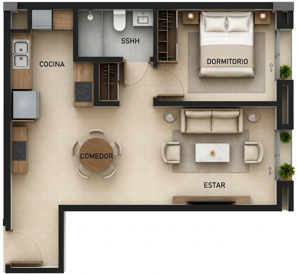 Planta de un departamento de 49 m²: dormitorio, baño, cocina, comedor y estar