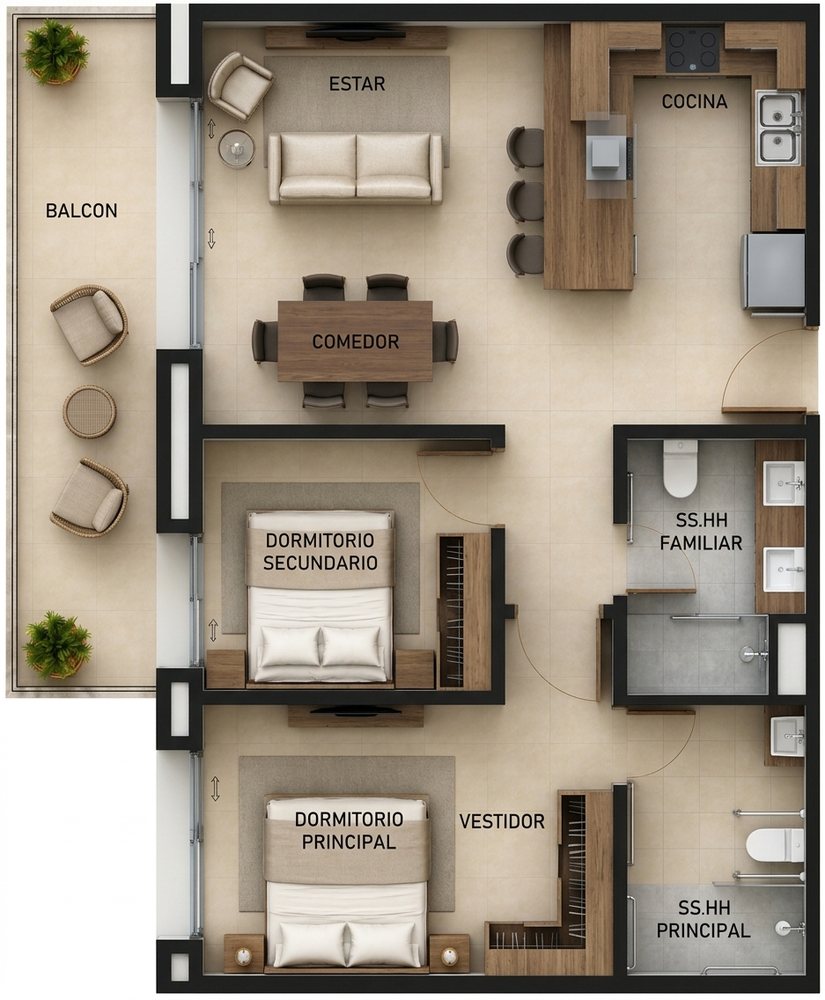 Planta de un departamento de 91 m² con dos dormitorios, balcón, cocina, comedor y estar